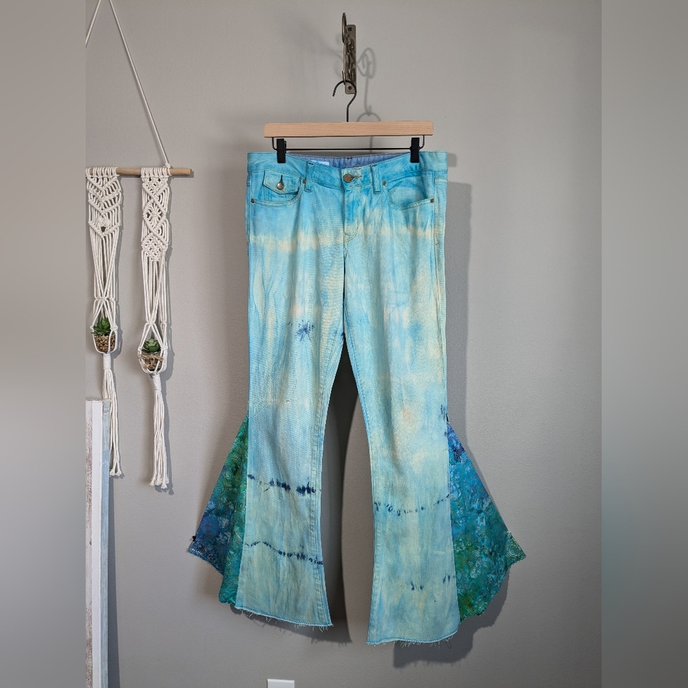 Upcycled Flare Festival Hand Tie Dyed Blue Jeans 30/10